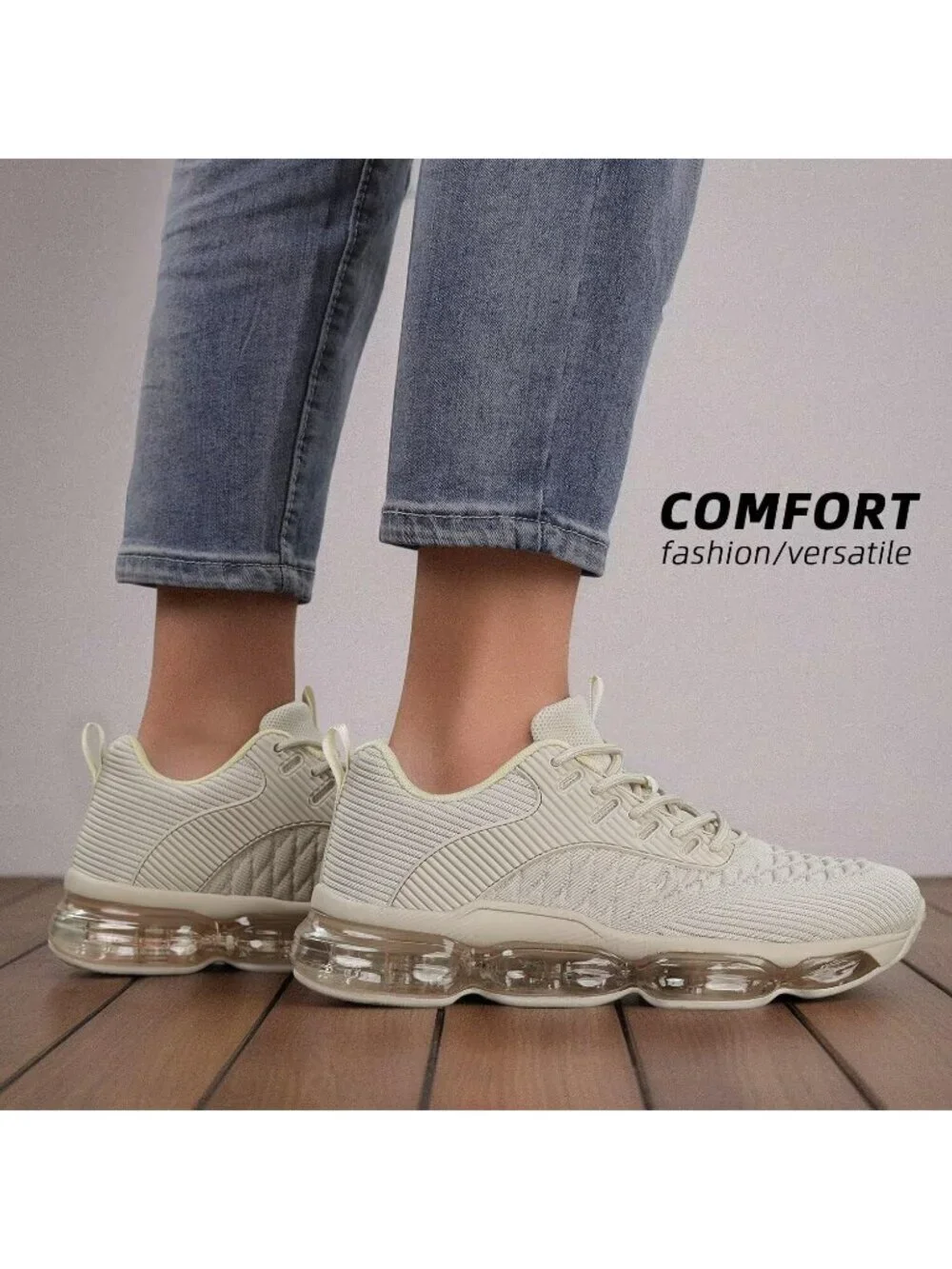 Women's Beige Walking Air Cushion Breathable Mesh Casual Athletic Sneaker Shoes